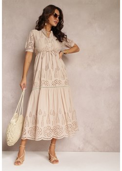 Beżowa Haftowana Sukienka Bawełniana ze Ściągaczem w Talii Ineryna ze sklepu Renee odzież w kategorii Sukienki - zdjęcie 159135210