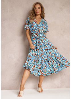 Niebieska Sukienka Midi ze Ściągaczem w Talii i Krótkimi Rękawami Rhoslana ze sklepu Renee odzież w kategorii Sukienki - zdjęcie 159161072