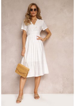 Biała Haftowana Sukienka Midi z Gumkami w Talii i Krótkimi Rękawami Makala ze sklepu Renee odzież w kategorii Sukienki - zdjęcie 159161082