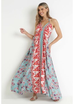 Miętowo-Czerwona Rozkloszowana Sukienka Maxi z Wiązaniem na Szyi z Wiskozy Apollina ze sklepu Born2be Odzież w kategorii Sukienki - zdjęcie 159164641