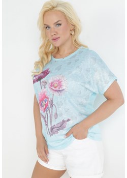 Jasnoniebieski Bawełniany T-shirt z Błyszczącym Nadrukiem Aseda ze sklepu Born2be Odzież w kategorii Bluzki damskie - zdjęcie 159164661