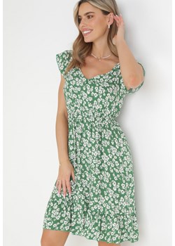 Zielona Bawełniana Sukienka z Gumką w Pasie i Falbankami w Kwiaty Chayse ze sklepu Born2be Odzież w kategorii Sukienki - zdjęcie 159164681