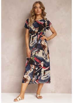 Granatowa Rozkloszowana Sukienka Midi z Gumką w Talii i Krótkimi Rękawami Tynesa ze sklepu Renee odzież w kategorii Sukienki - zdjęcie 159168453