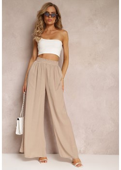 Beżowe Szerokie Spodnie z Gumką w Talii Carleny ze sklepu Renee odzież w kategorii Spodnie damskie - zdjęcie 159172021