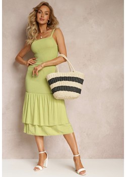 Zielona Marszczona Sukienka Midi z Kwadratowym Dekoltem z Wiskozy Lueta ze sklepu Renee odzież w kategorii Sukienki - zdjęcie 159191580