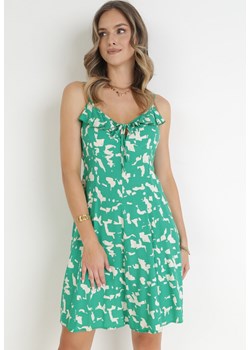 Zielona Wiskozowa Sukienka Mini na Cienkich Ramiączkach z Falbanką Phalori ze sklepu Born2be Odzież w kategorii Sukienki - zdjęcie 159191822