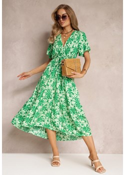 Zielona Rozkloszowana Sukienka Midi z Kopertowym Dekoltem i Gumką w Talii z Wiskozy Lyan ze sklepu Renee odzież w kategorii Sukienki - zdjęcie 159194464