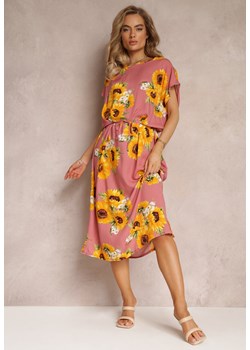 Różowa Długa Sukienka z Wiskozy w Słoneczniki z Wiązaniem w Talii Kolita ze sklepu Renee odzież w kategorii Sukienki - zdjęcie 159194643