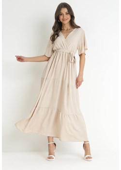 Jasnobeżowa Sukienka Maxi z Gumką w Talii i Materiałowym Paskiem Kiriane ze sklepu Born2be Odzież w kategorii Sukienki - zdjęcie 159194884