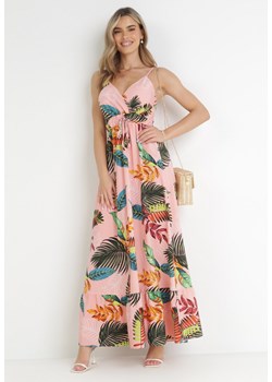 Różowa Sukienka Maxi w Roślinny Wzór z Gumką w Pasie Karsina ze sklepu Born2be Odzież w kategorii Sukienki - zdjęcie 159218630