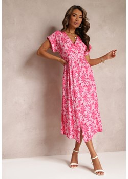 Różowa Wiskozowa Sukienka Midi w Kwiaty z Gumką w Talii Divina ze sklepu Renee odzież w kategorii Sukienki - zdjęcie 159227691