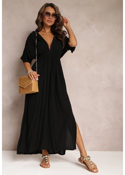 Czarna Rozkloszowana Sukienka Maxi z Gumką w Talii z Lnu i Wiskozy Jackina ze sklepu Renee odzież w kategorii Sukienki - zdjęcie 159227874