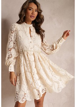 Jasnobeżowa Koszulowa Sukienka Koronkowa z Paskiem Elvila ze sklepu Renee odzież w kategorii Sukienki - zdjęcie 159242111