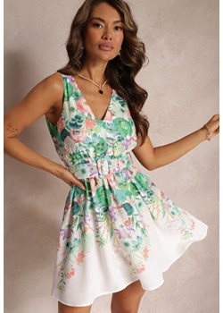 Zielona Sukienka Mini w Kwiaty z Gumką w Talii i Paskiem z Okrągłą Klamrą Helerava ze sklepu Renee odzież w kategorii Sukienki - zdjęcie 159242131