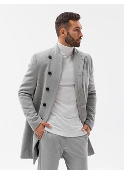 Płaszcz męski z asymetrycznym zapięciem - szary melanż V1 OM-COWC-0102 ze sklepu ombre w kategorii Płaszcze męskie - zdjęcie 159247843