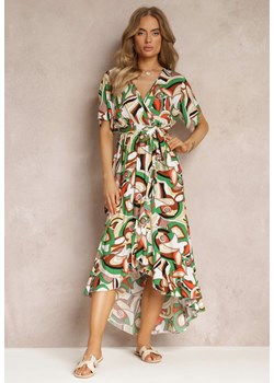 Zielona Wzorzysta Sukienka Midi z Gumką w Talii z Wiskozy Angelett ze sklepu Renee odzież w kategorii Sukienki - zdjęcie 159254331