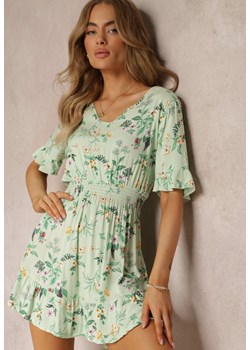 Jasnozielona Sukienka w Kwiatowy Wzór z Wiskozy z Gumką w Talii Dahlie ze sklepu Renee odzież w kategorii Sukienki - zdjęcie 159254351