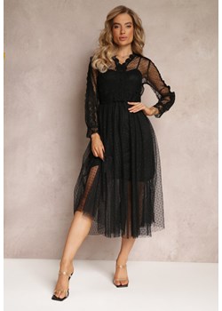 Czarna Rozkloszowana Sukienka Midi z Tiulu z Koronką Rislaine ze sklepu Renee odzież w kategorii Sukienki - zdjęcie 159265673