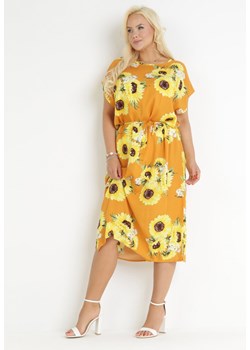 Pomarańczowo-Żółta Wiskozowa Sukienka Midi Wiązana w Pasie w Słoneczniki Atica ze sklepu Born2be Odzież w kategorii Sukienki - zdjęcie 159314420