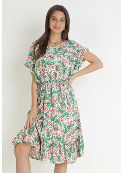 Zielona Bawełniana Sukienka w Kwiaty z Falbanką Przy Ramionach Charlota ze sklepu Born2be Odzież w kategorii Sukienki - zdjęcie 159321203