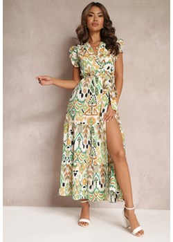 Zielona Długa Sukienka Kopertowa z Falbanką na Dole i Materiałowym Paskiem Delinisa ze sklepu Renee odzież w kategorii Sukienki - zdjęcie 159331692
