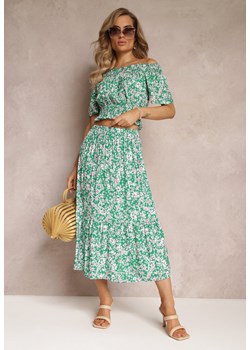 Zielony Bawełniany 2-Częściowy Komplet z Hiszpańskim Dekoltem w Kwiaty Sassein ze sklepu Renee odzież w kategorii Komplety i garnitury damskie - zdjęcie 159331763