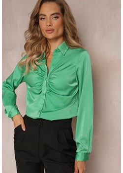 Zielona Marszczona Elegancka Koszula z Satyny Kaldei ze sklepu Renee odzież w kategorii Koszule damskie - zdjęcie 159331914