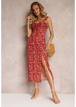 Bordowa Sukienka Midi w Kwiaty ze Ściągaczem Glledia ze sklepu Renee odzież w kategorii Sukienki - zdjęcie 160046003