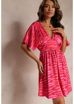 Różowo-Czerwona Rozkloszowana Sukienka Satynowa z Rękawem typu Nietoperz Elrera ze sklepu Renee odzież w kategorii Sukienki - zdjęcie 160047531