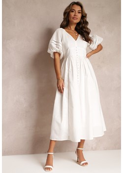 Biała Rozkloszowana Sukienka Maxi z Ażurowymi Wstawkami z Lnem i Bawełną Camya ze sklepu Renee odzież w kategorii Sukienki - zdjęcie 160050282