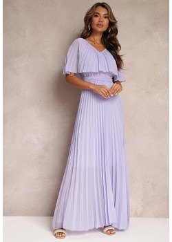 Fioletowa Plisowana Sukienka z Gumką w Pasie z Falbaną Przy Dekolcie Drenia ze sklepu Renee odzież w kategorii Sukienki - zdjęcie 160067001