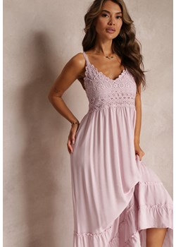 Różowa Rozkloszowana Sukienka Maxi z Koronką i Głębokim Dekoltem Zonila ze sklepu Renee odzież w kategorii Sukienki - zdjęcie 160067243