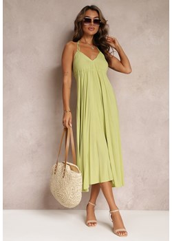 Zielona Sukienka Midi z Wiskozy i Wiązaniem na Szyi Alleve ze sklepu Renee odzież w kategorii Sukienki - zdjęcie 160067323
