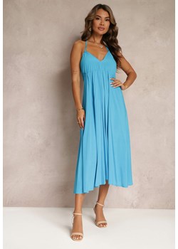 Niebieska Sukienka Midi z Wiskozy i Wiązaniem na Szyi Alleve ze sklepu Renee odzież w kategorii Sukienki - zdjęcie 160067333