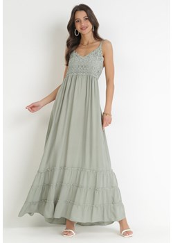 Zielona Sukienka Maxi na Ramiączkach z Koronkowymi Wstawkami i Falbankami Lemera ze sklepu Born2be Odzież w kategorii Sukienki - zdjęcie 160077781