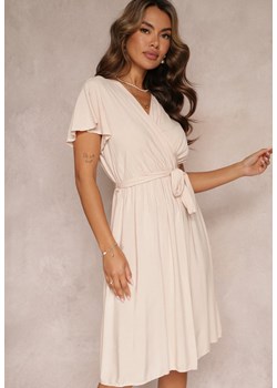 Beżowa Rozkloszowana Sukienka Midi z Wiązanym Paskiem Elemia ze sklepu Renee odzież w kategorii Sukienki - zdjęcie 160078021