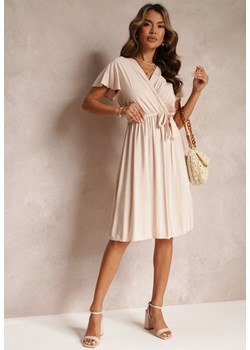 Beżowa Rozkloszowana Sukienka Midi z Wiązanym Paskiem Elemia ze sklepu Renee odzież w kategorii Sukienki - zdjęcie 160078022