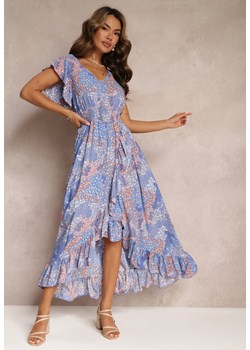 Niebieska Sukienka z Falbankami Gumką w Talii z Wiskozy Leth ze sklepu Renee odzież w kategorii Sukienki - zdjęcie 160078071