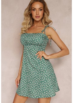Zielona Taliowana Sukienka Mini z Wiązaniem na Ramiączkach w Kwiaty Saudrani ze sklepu Renee odzież w kategorii Sukienki - zdjęcie 160078101