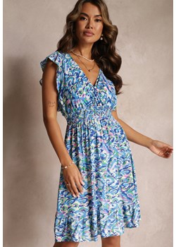 Niebieska Sukienka z Falbanką i Kopertowym Dekoltem Leanah ze sklepu Renee odzież w kategorii Sukienki - zdjęcie 160081791