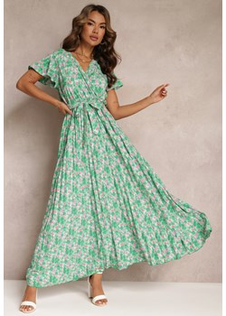 Zielona Plisowana Sukienka Maxi w Kwiatki z Gumką w Talii Ikama ze sklepu Renee odzież w kategorii Sukienki - zdjęcie 160081811