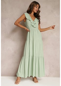 Miętowa Rozkloszowana Sukienka Maxi z Gumką w Talii i Falbanką Laylani ze sklepu Renee odzież w kategorii Sukienki - zdjęcie 160139831