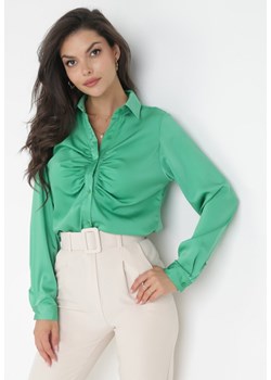 Zielona Satynowa Koszula z Marszczeniami Kosse ze sklepu Born2be Odzież w kategorii Koszule damskie - zdjęcie 160140821