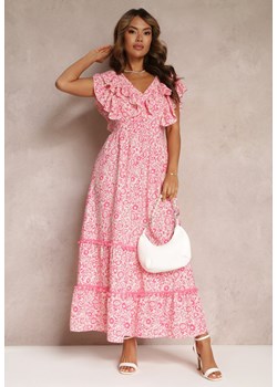 Różowa Wiskozowa Sukienka Maxi z Falbanką przy Dekolcie i Gumką w Pasie Lamimore ze sklepu Renee odzież w kategorii Sukienki - zdjęcie 160197810