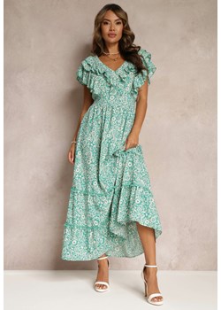 Zielona Wiskozowa Sukienka Maxi z Falbanką przy Dekolcie i Gumką w Pasie Lamimore ze sklepu Renee odzież w kategorii Sukienki - zdjęcie 160197812