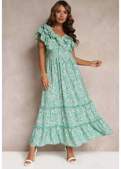 Zielona Wiskozowa Sukienka Maxi z Falbanką przy Dekolcie i Gumką w Pasie Lamimore ze sklepu Renee odzież w kategorii Sukienki - zdjęcie 160197814