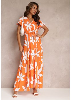 Pomarańczowa Wiskozowa Sukienka Maxi z Gumką w Talii i Plisowanym Dołem Martisa ze sklepu Renee odzież w kategorii Sukienki - zdjęcie 160203891