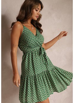 Zielona Wiskozowa Sukienka z Falbankami i Gumką w Pasie z Materiałowym Paskiem Erafina ze sklepu Renee odzież w kategorii Sukienki - zdjęcie 160203901