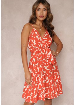 Pomarańczowa Rozkloszowana Sukienka Mini na Ramiączkach z Gumką i Wiązaniem w Pasie z Wiskozy Lonitta ze sklepu Renee odzież w kategorii Sukienki - zdjęcie 160211532