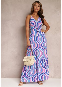 Niebieska Rozkloszowana Sukienka Maxi z Wiskozy z Gumką w Pasie i Kopertowym Dekoltem Mailen ze sklepu Renee odzież w kategorii Sukienki - zdjęcie 160212642